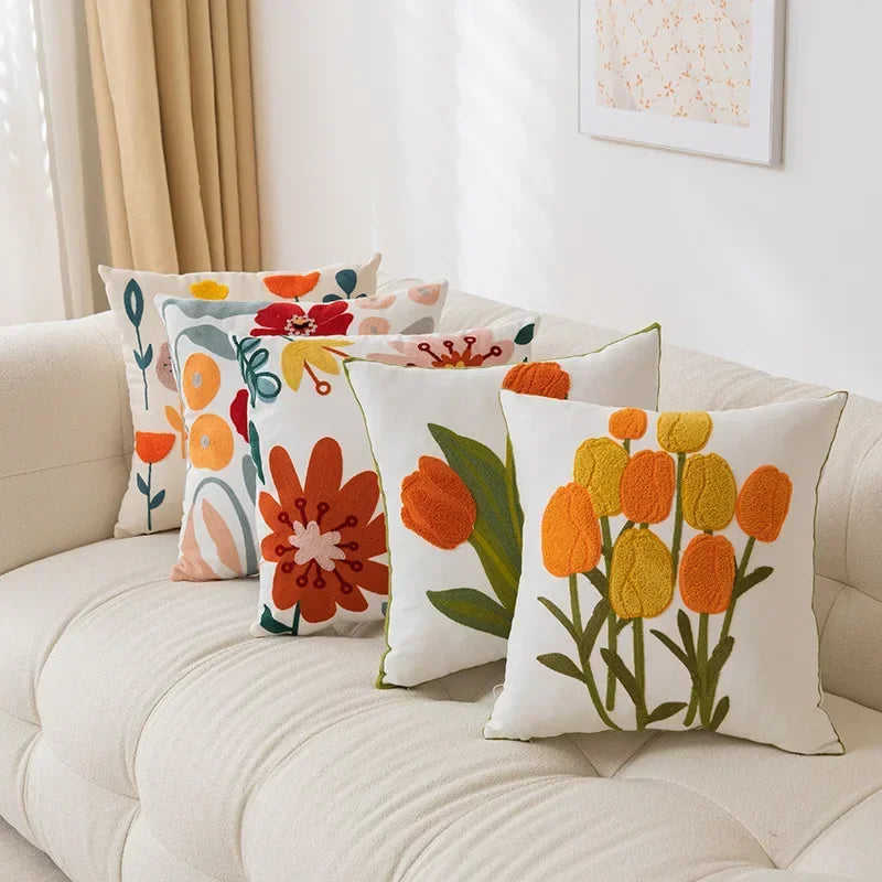 Afralia™ Wildflower Embroidered Pillow Cases: Decorative Cotton Canvas Cushion Cover for Home