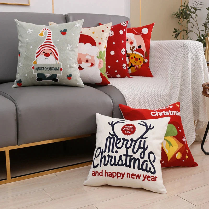 Afralia™ Christmas Embroidery Cushion Cover 45x45cm Santa Deer Snowflake Pillowcase Square Cotton