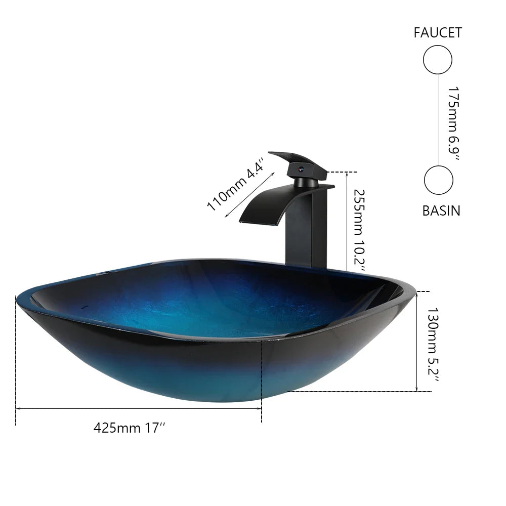 Afralia™ Gradient Blue Glass Basin Faucet Set with Waterfall Mixer Taps