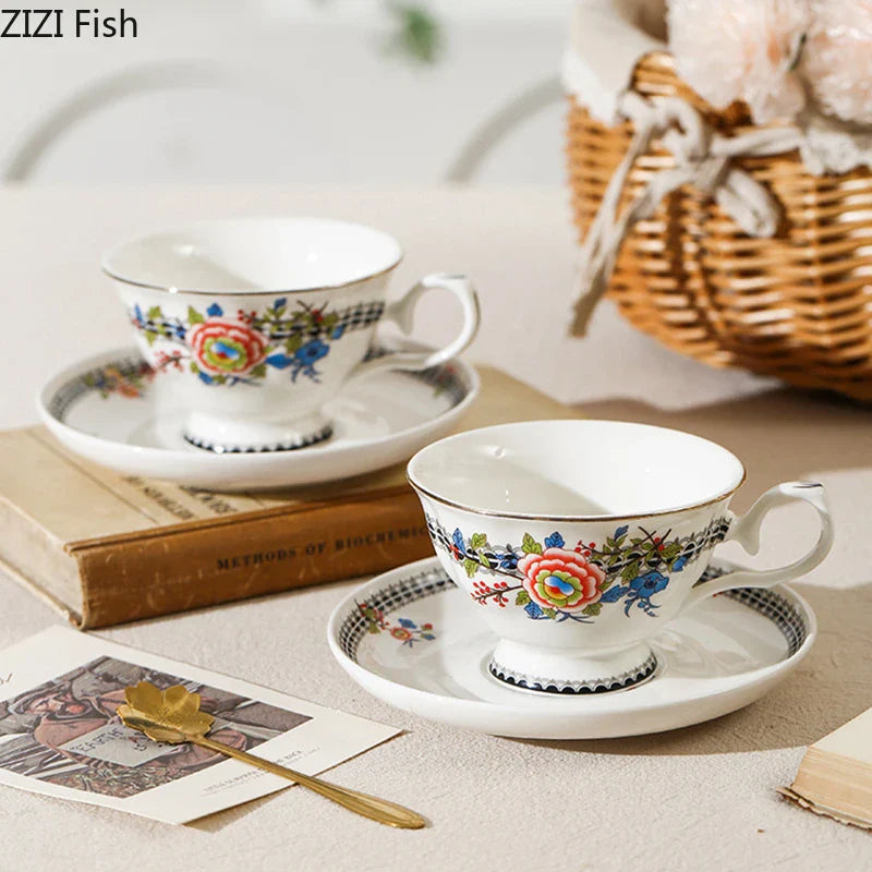 Afralia™ Peony Wreath Porcelain Coffee Mug Set - Elegant Tableware for Afternoon Tea