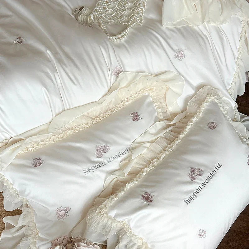 Afralia™ Vintage Rose Embroidery Lace Princess Wedding Bedding Set