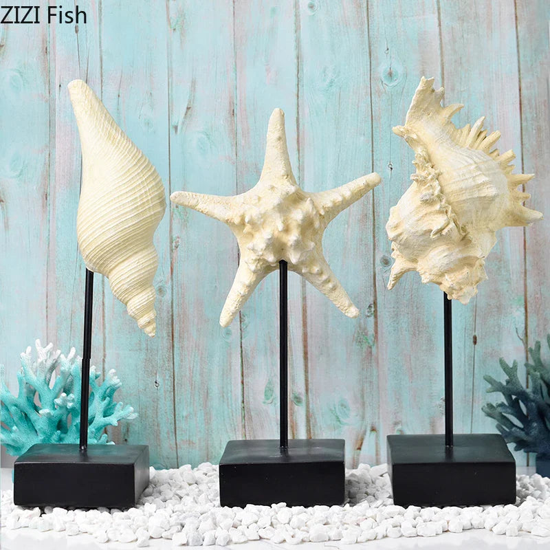 Afralia™ Ocean Theme Desk Ornaments: Starfish, Seahorse, Conch Statue for Home Decor