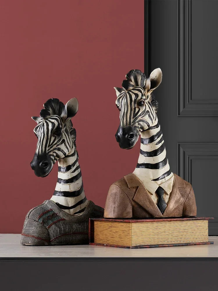 Afralia™ Zebra Giraffe Resin Animal Head Sculpture Statue Desktop Ornament