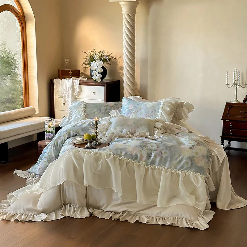 Afralia™ Vintage Flowers Lace Ruffles 800TC Eucalyptus Bedding Set