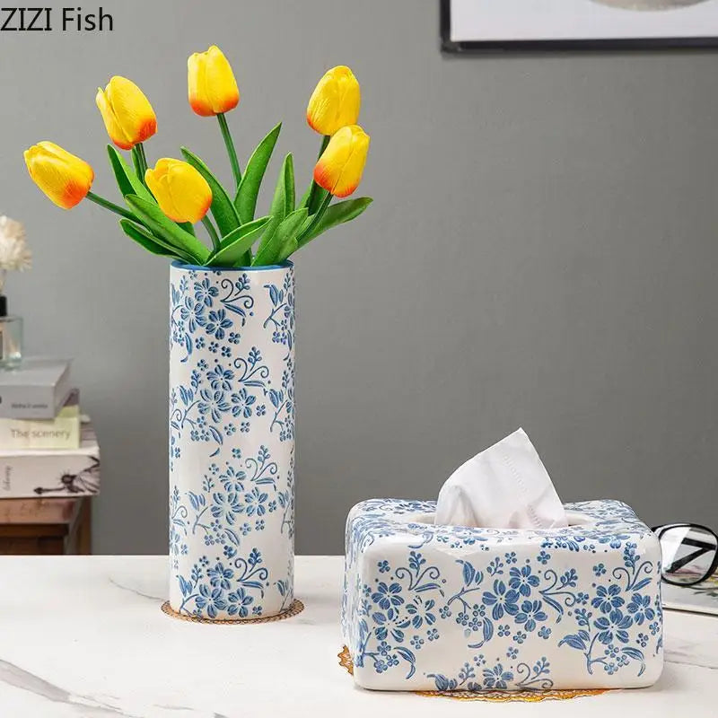Blue and White Porcelain Tissue Box by Afralia™: Ceramic Desk Decor & Paper Towel Case