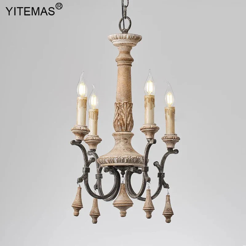 Afralia™ Vintage French Chandelier 6 Lights Retro Wooden 4 Lights for Living Room Bedroom Dining
