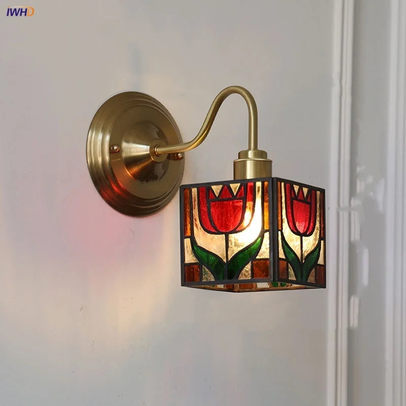 Afralia™ Cube LED Wall Sconce Copper Glass Retro Vintage Light E27 Mirrored Vanity