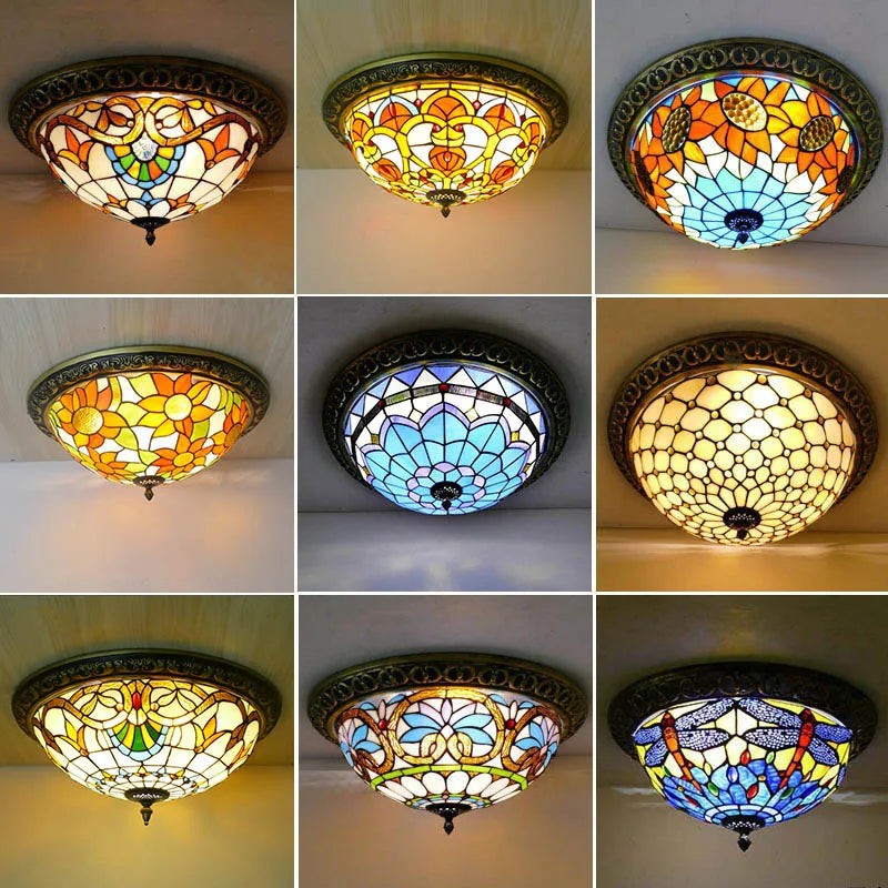 Afralia™ Tiffany Style Ceiling Lamp Retro Vintage Colored Glass Living Room Bedroom Art Deco Light