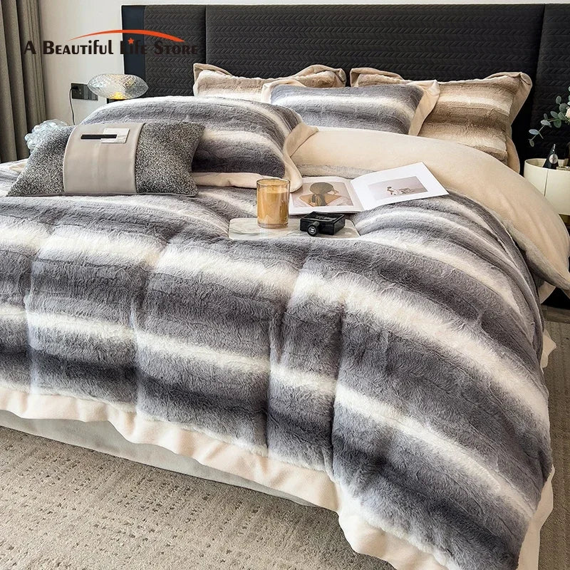 Afralia™ Cozy Faux Fur Bedding Set: Gradient Rabbit Fur Plush Cover Sheet Pillowcases