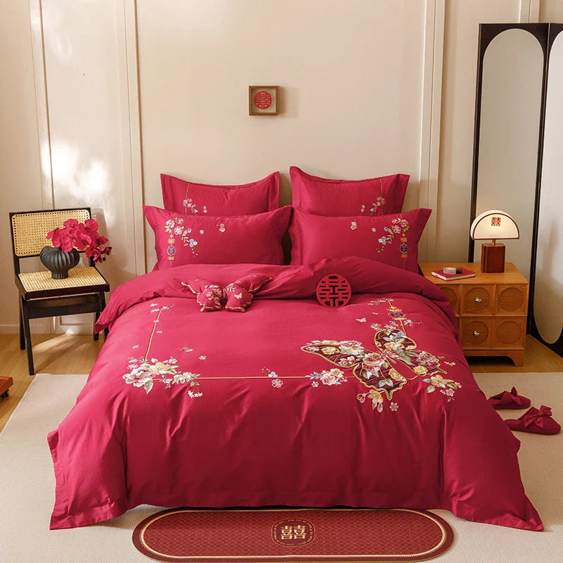 Afralia™ Chinese Butterfly Flowers Embroidery Wedding Bedding Set - 1000TC Cotton