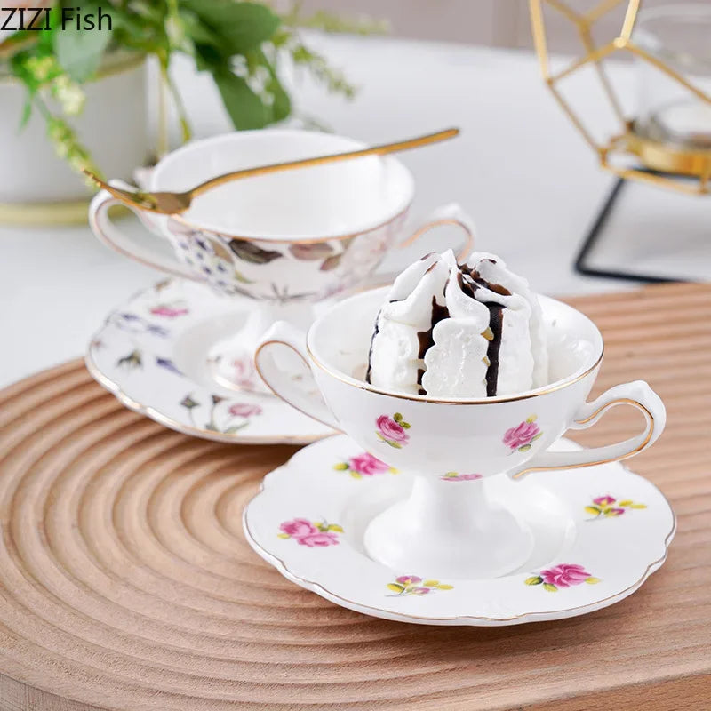 Afralia™ Gold Flower Porcelain Goblet Cup Tea Coffee Mug Juice Cup