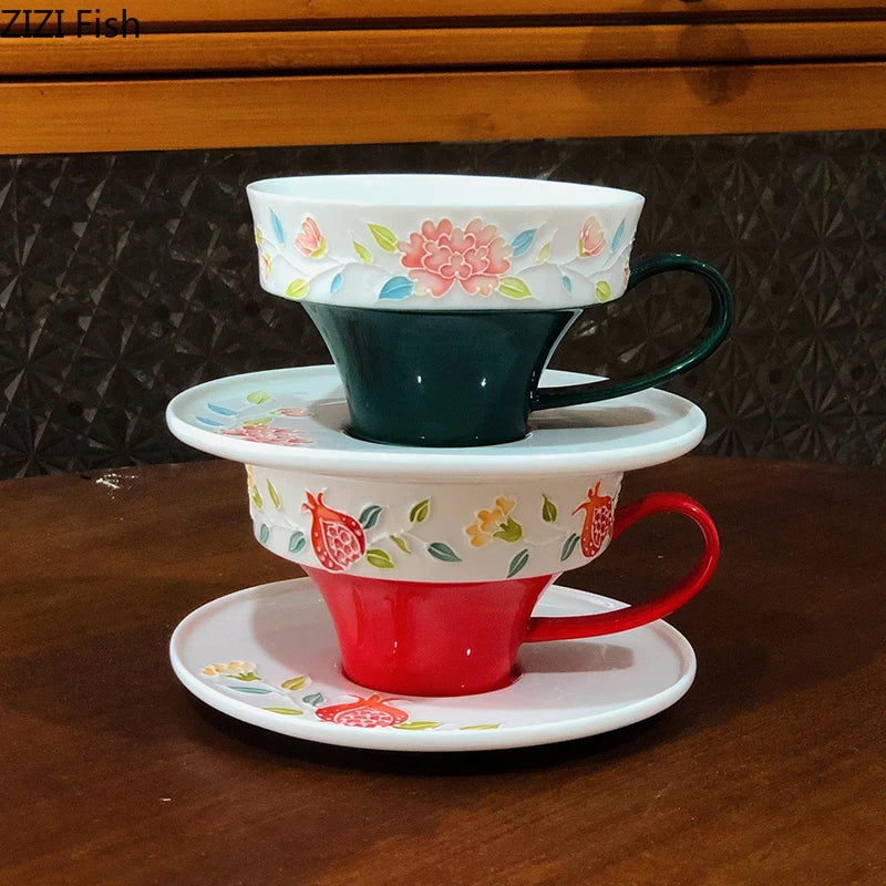 Afralia™ Peony Flower Ceramic Cup & Saucer Set for Dining Table and Coffee, Tea or Juice