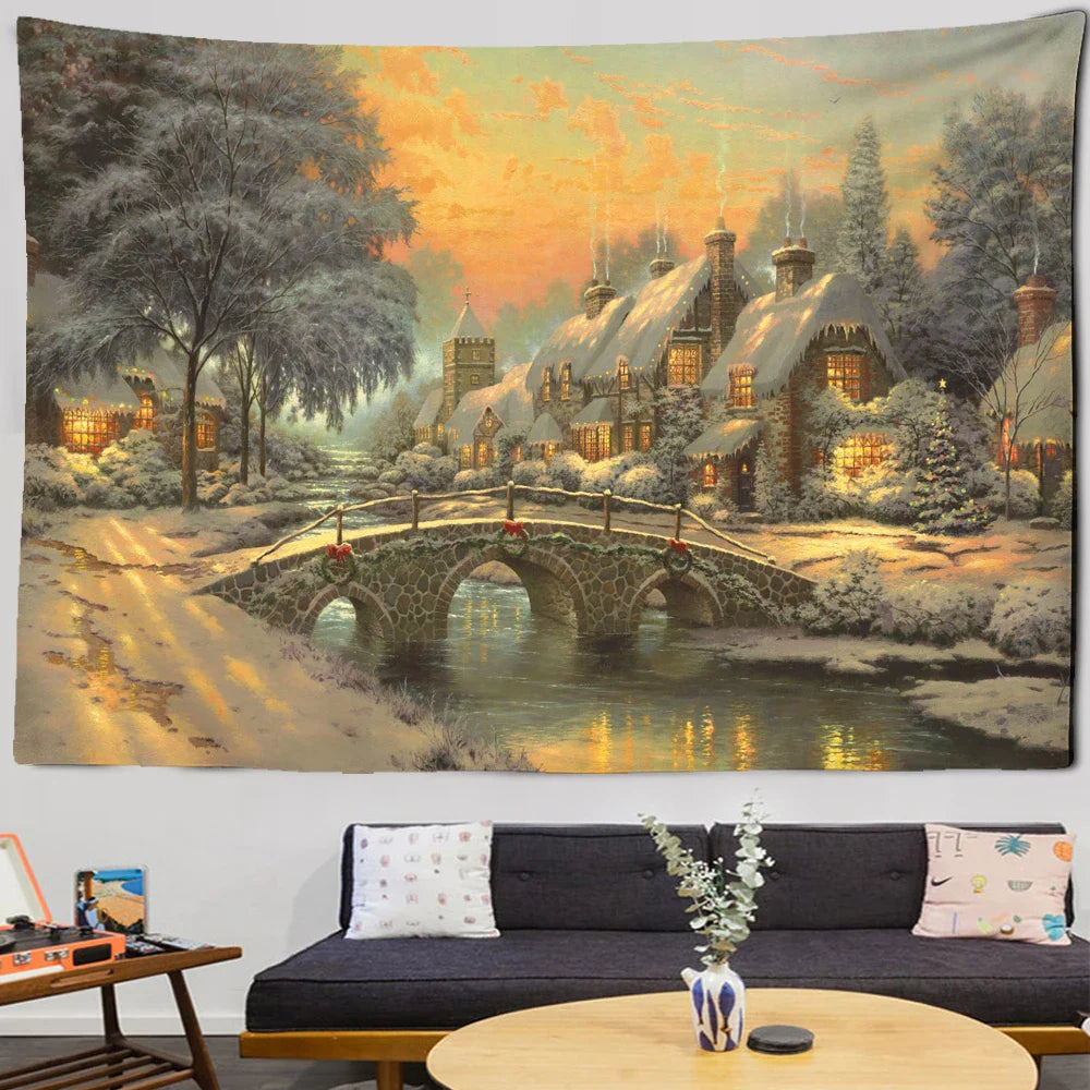 Afralia™ Snowy Christmas Landscape Oil Painting Wall Hanging/Home Decor