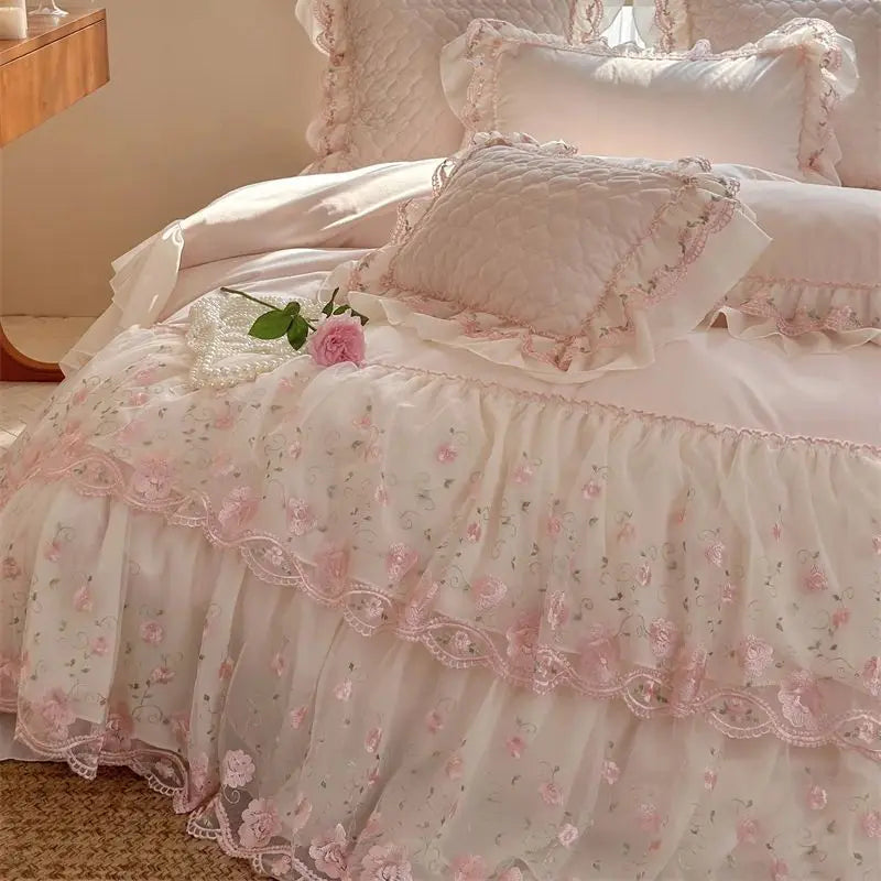 Afralia™ Winter Velvet Princess Bedding Set with Lace Ruffles and Quilted Bed Skirt