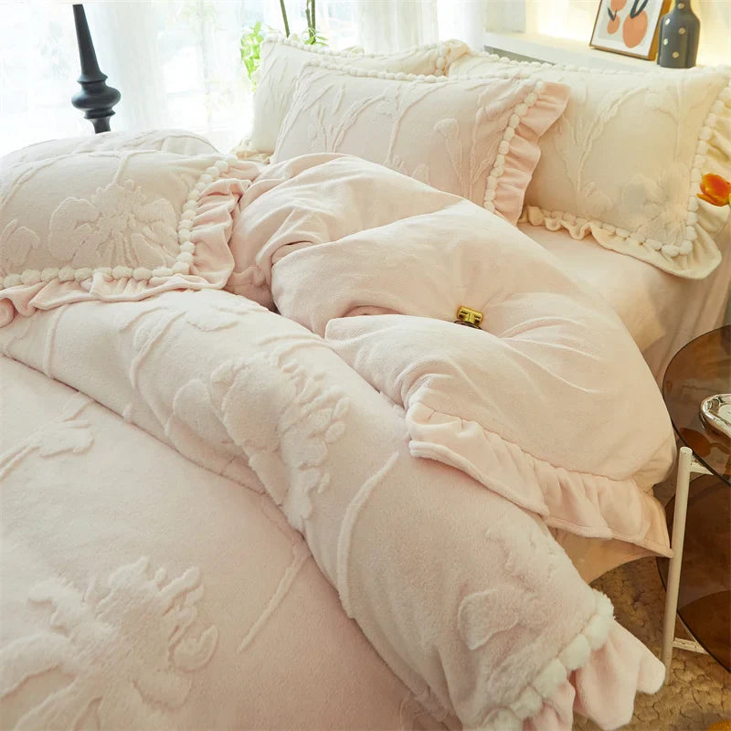 Velvet Ruffles Luxury Bedding Set by Afralia™: 3D Carved Plush Duvet Cover, Bed Sheet, Pillowcase