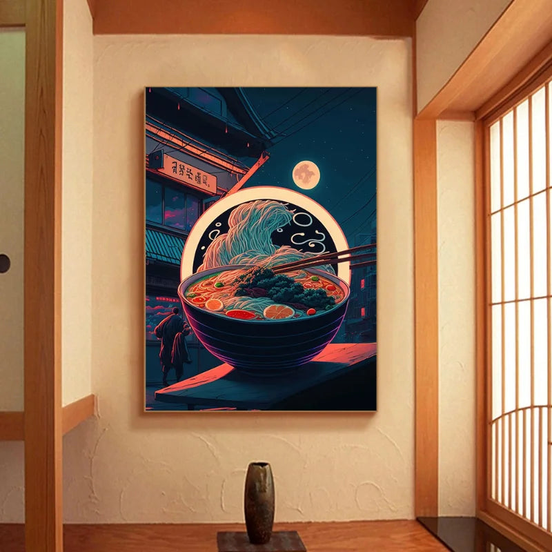 Afralia™ Japanese Food Neon Posters Canvas Painting for Home Kitchen Decor