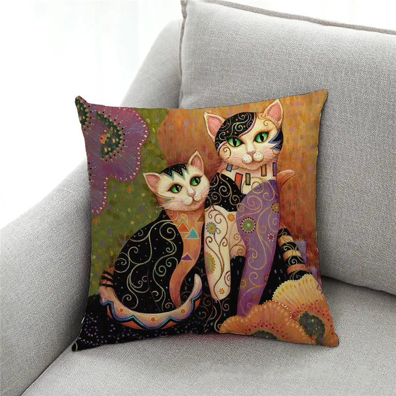 Afralia™ Retro Cat Print Linen Cushion Cover: Modern Home Decor 45x45cm Pillow Cover