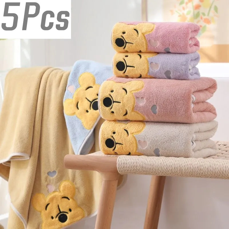 Winnie Bear 5-Piece Towel Bath Set - Soft and Absorbent Coral Velvet