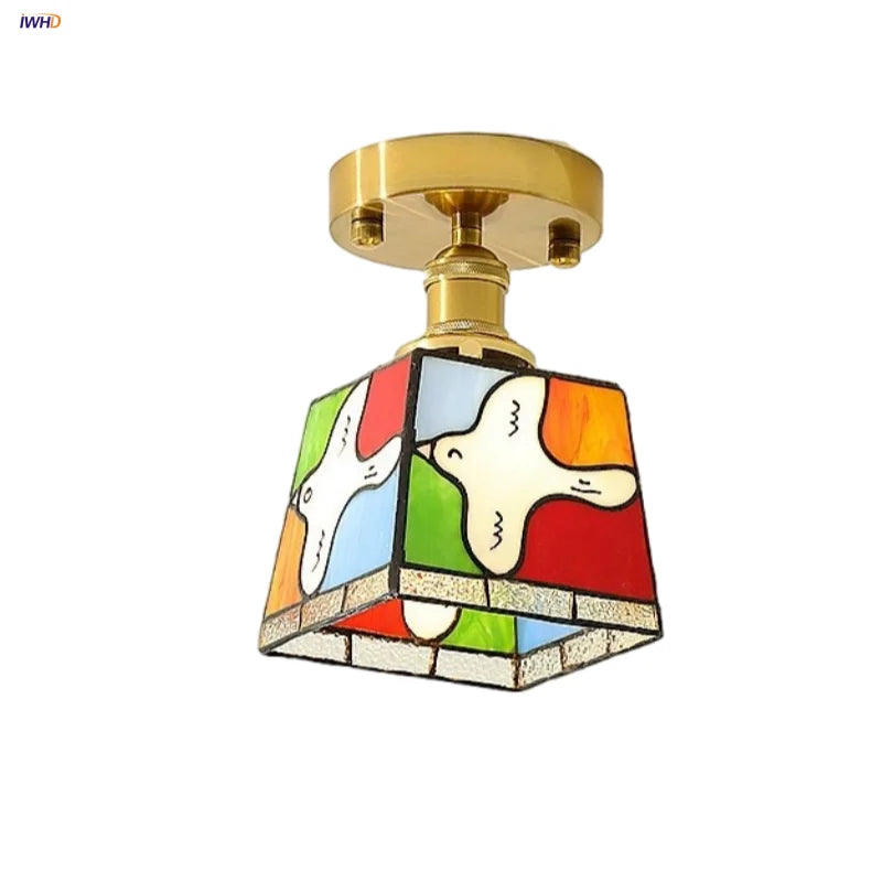 Afralia™ Tiffany Cube Glass LED Ceiling Lamp Copper Canopy Flush Mount Light