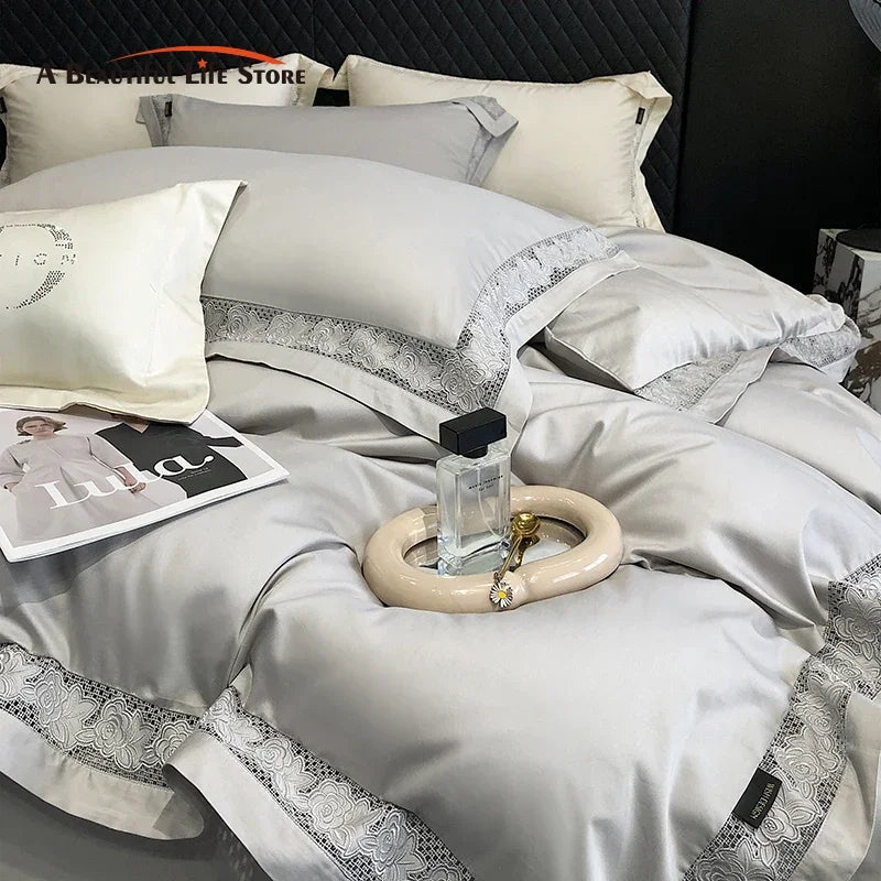 Afralia™ Luxury Lace Embroidery 1000TC Egyptian Cotton Bedding Set with Duvet Cover, Sheets, Pillowcases