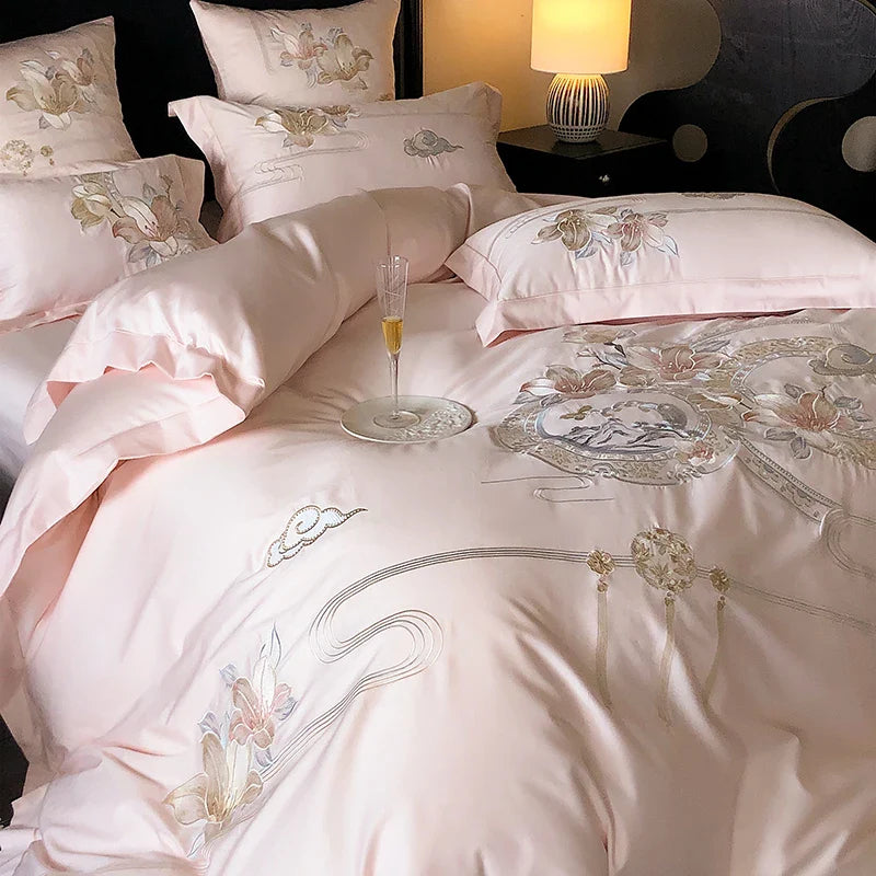 Afralia™ Luxe Floral Bird Embroidery 1000TC Egyptian Cotton Bedding Set