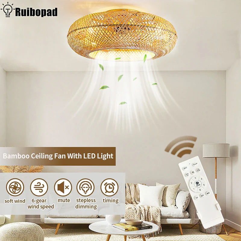 Afralia™ Bamboo Ceiling Fan with Rattan Cage Light & Remote Control