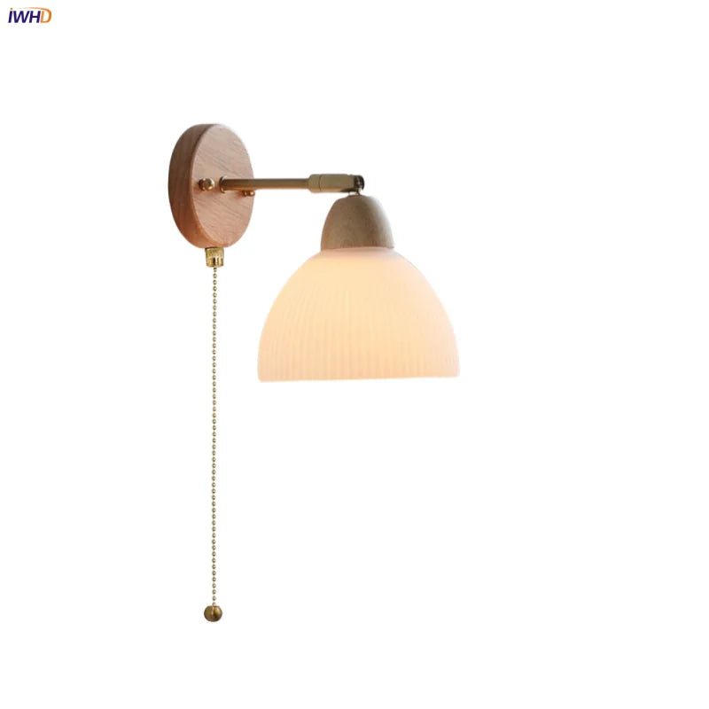 Afralia™ Copper Rotate White Glass Wood Wall Lights LED Bedroom Bedside Lamp