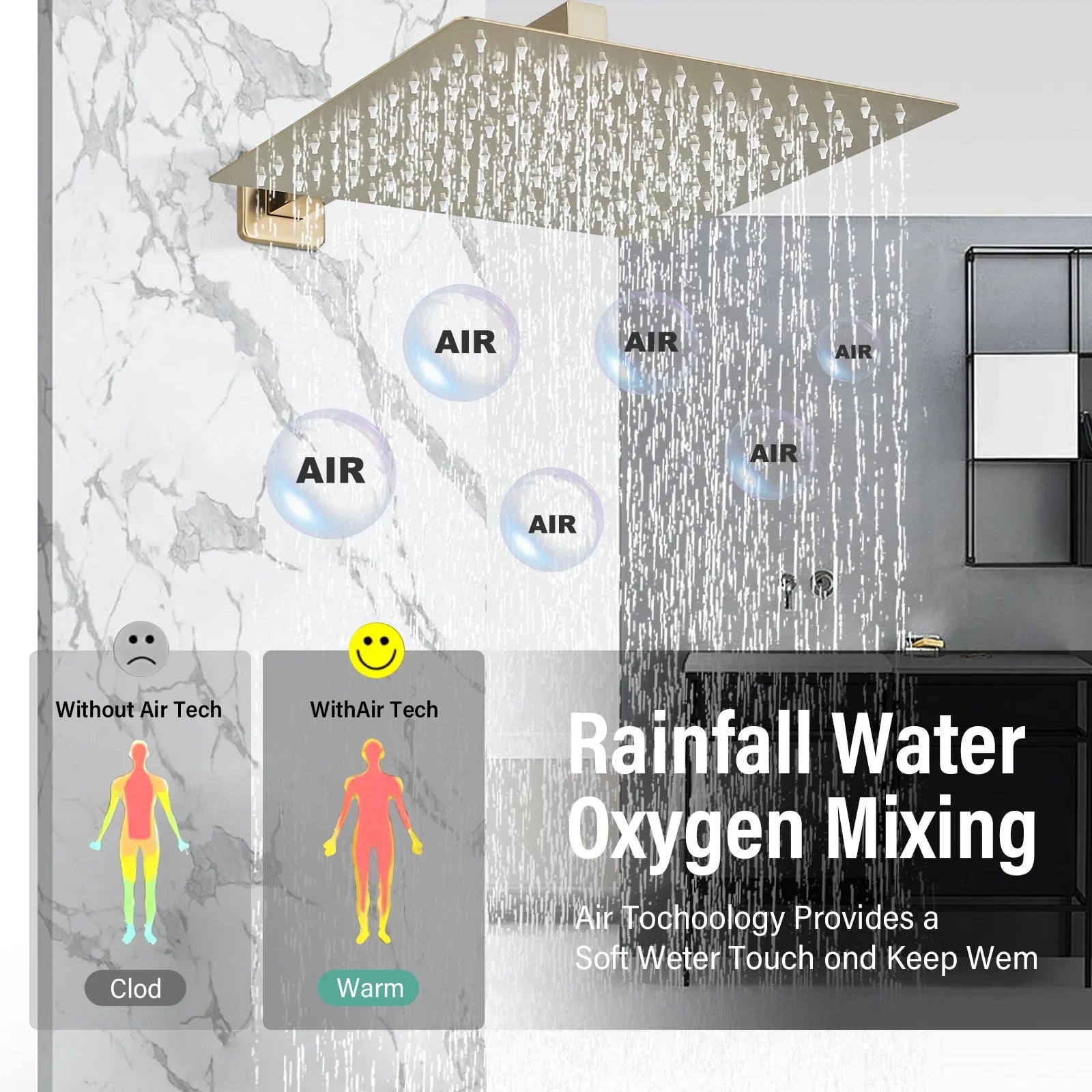 Afralia™ Brushed Gold Shower Faucet Set 2/3 Way Rainfall Bathtub Mixer Wall Mounted Box