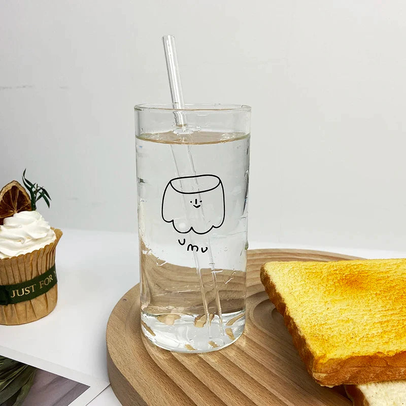 Afralia™ Cartoon Glass Cup with Straw for Drinking, Transparent Juice Mug, Practical Kitchen Drinkware