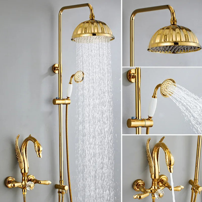 Afralia™ Swan Gold Bathroom Shower Faucet Set with Rainfall Mixer Tap