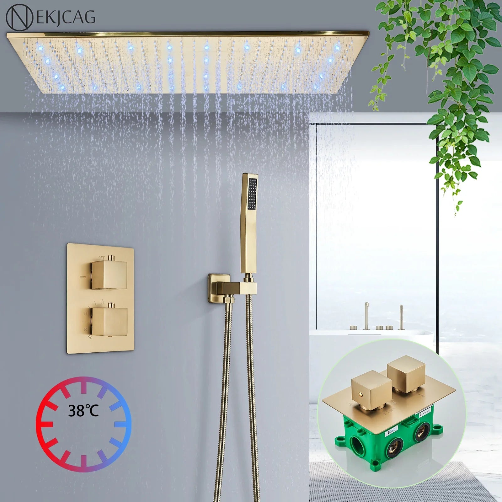 Afralia™ Brushed Gold LED Thermostatic Shower Faucet Set with Ceiling Rainfall Shower Head