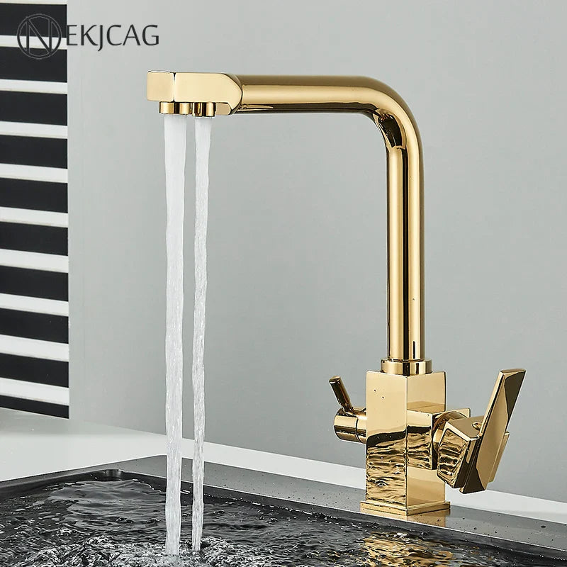 Afralia™ Dual Outlet Gold Kitchen Faucet for Purified Water Hot & Cold Basin Sink