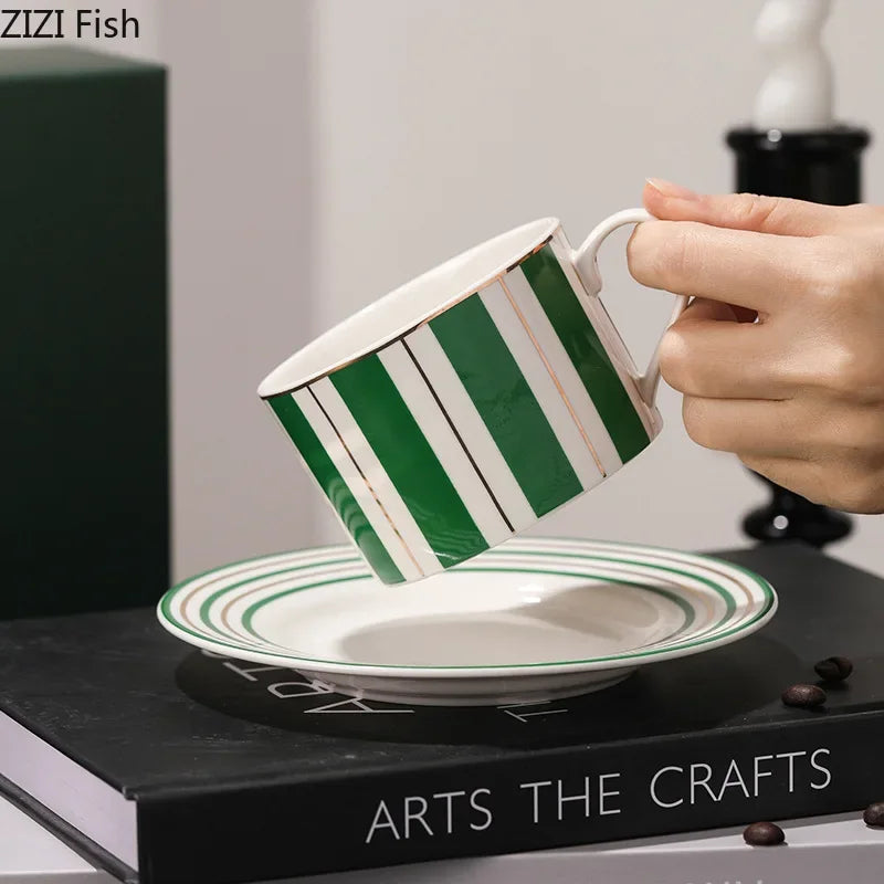 Afralia™ Striped Ceramic Cup & Saucer Set for Tea & Coffee - 250ml