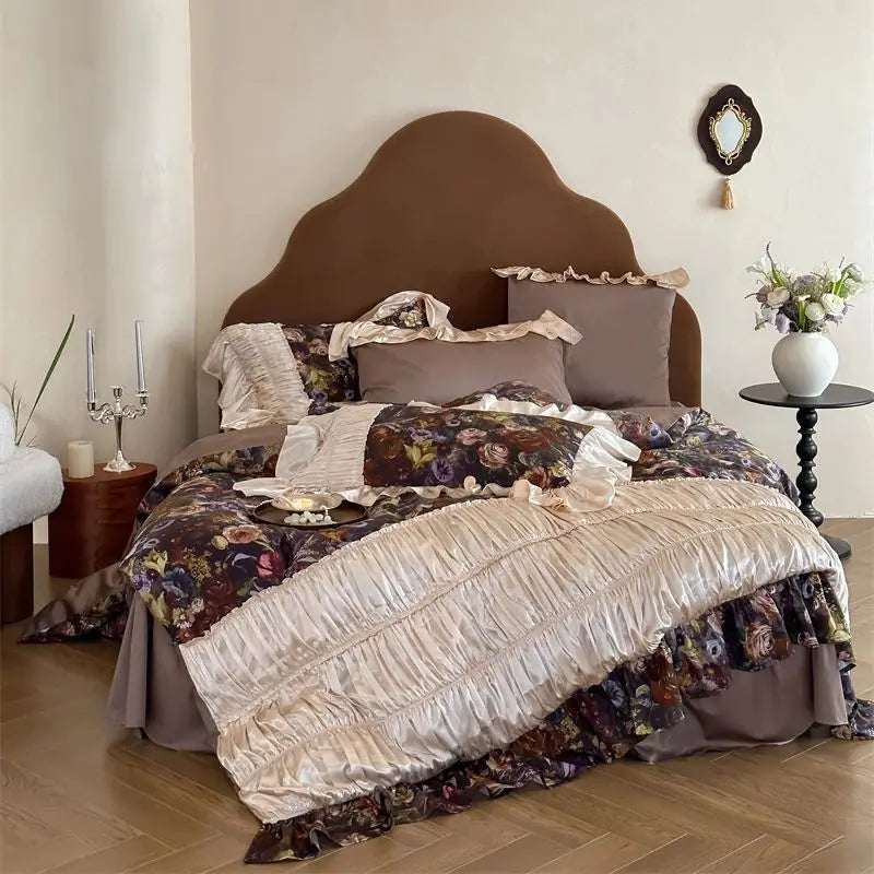 Afralia™ Vintage French Flowers Lace Ruffles Egyptian Cotton Bedding Set