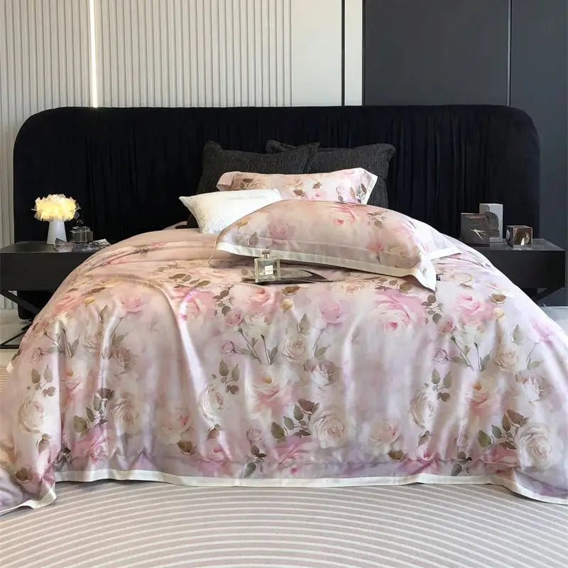 Afralia™ Pink Rose Flowers Print Bedding Set - 4Pcs
