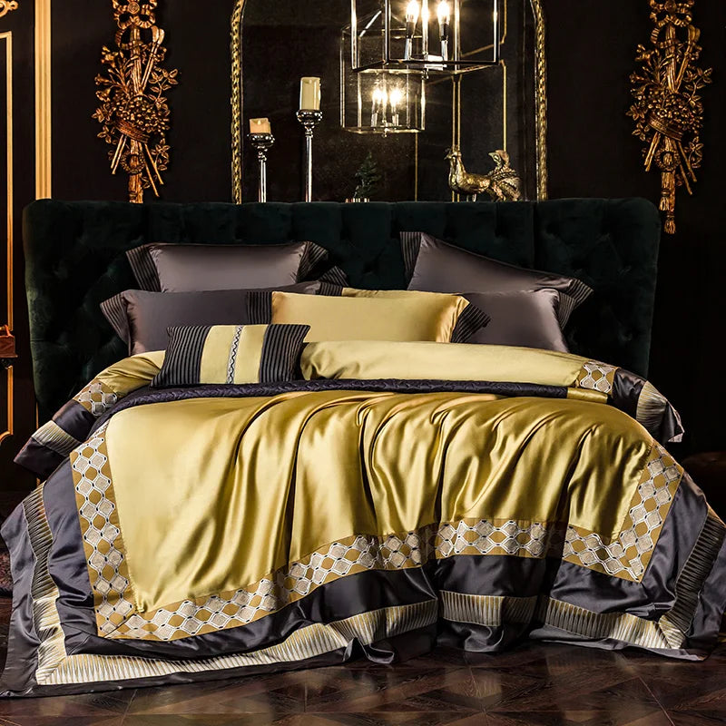Afralia™ 200S Embroidery Egyptian Cotton Bedding Set: Queen King Linens, Sheet Duvet Pillowcase