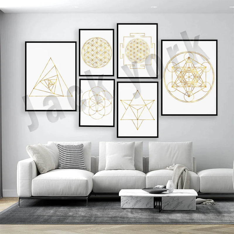 Afralia™ Sacred Geometry Poster: Golden Equilateral Triangle, Venus Tetrahedron, Metatron Cube, Seed & Flower Yantra