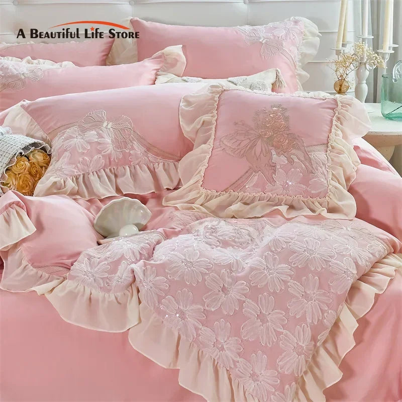 Afralia™ Pink Butterfly Embroidery Lace Princess Wedding Bedding Set