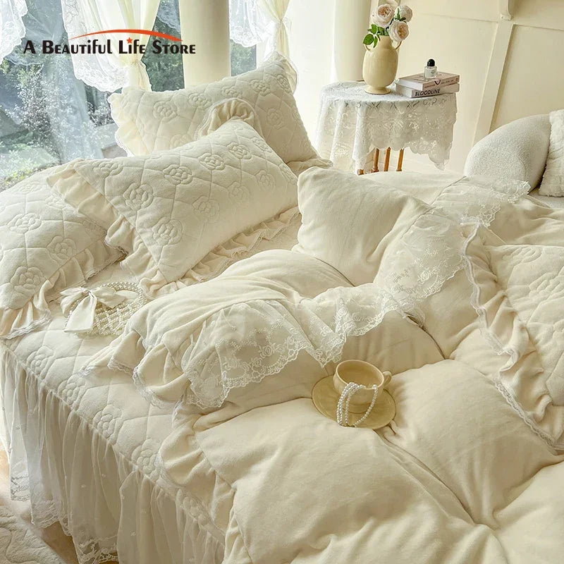 Afralia™ Velvet Princess Lace Ruffles Bedding Set - 4pcs Luxury Solid Color