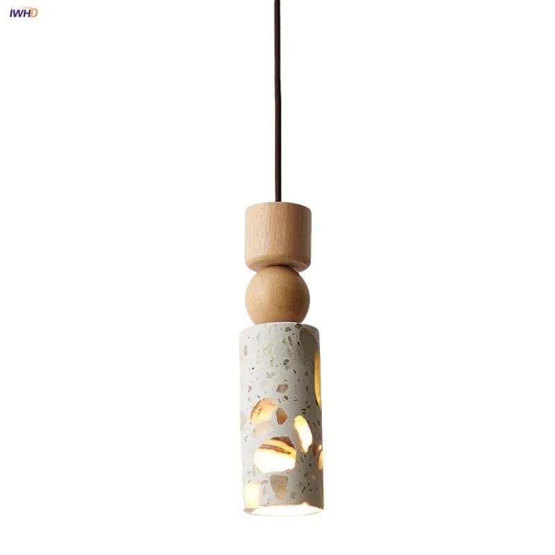 Afralia™ LED Terrazzo Pendant Lamp White Stone Wood Hanging Light