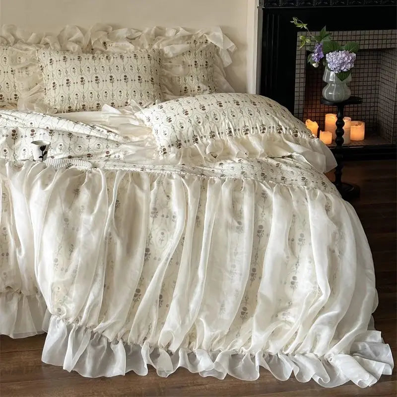 Afralia™ Vintage French Rose Print Princess Bedding Set with Lace Ruffles