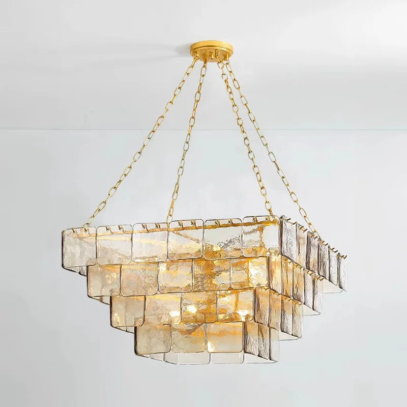 Afralia™ Gold Glass Square Chandelier - Light luxury Living Room Ceiling Fixture