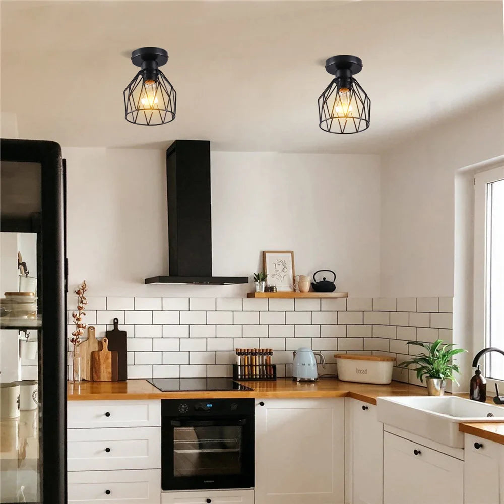 Afralia™ Mini Iron Cage Ceiling Lamp Vintage Industrial E27 Ceiling Light for Home Decor