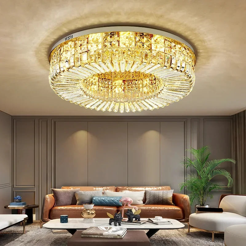 Afralia™ Crystal Gold Round LED Ceiling Light for Living Room, Kitchen, and Bedroom