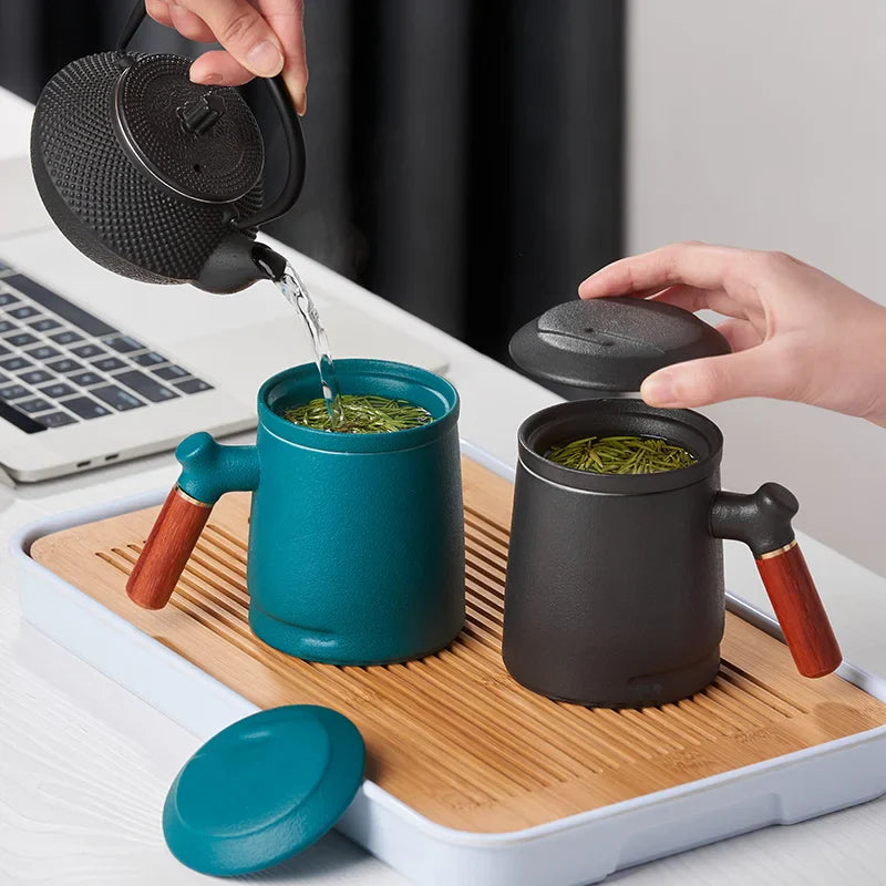 Afralia™ Ceramic Puer Tea Cup Set with Wood Handle, Heat Resistant Quality