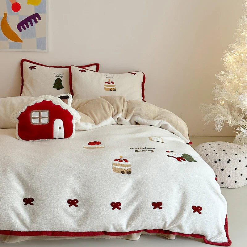 Afralia™ Cartoon Embroidered Cashmere Winter Bedding Set - Queen Size