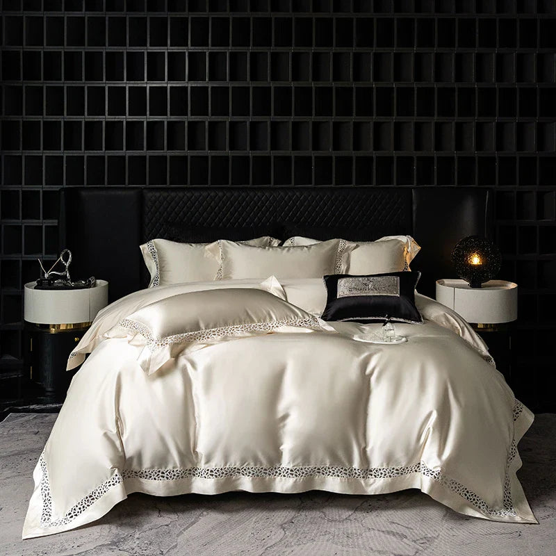 Afralia™ Brocade Lace Edge Egyptian Cotton Bedding Set - 4Pcs