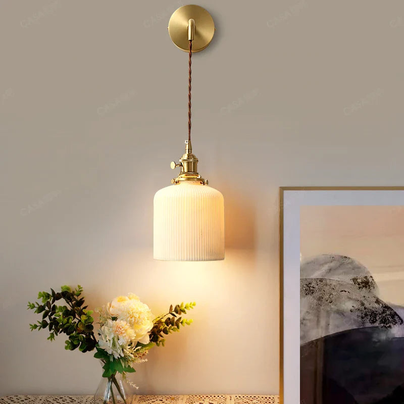Afralia™ Ceramic Wall Lamp Pull Chain LED Modern Nordic Copper Socket Mirror Light