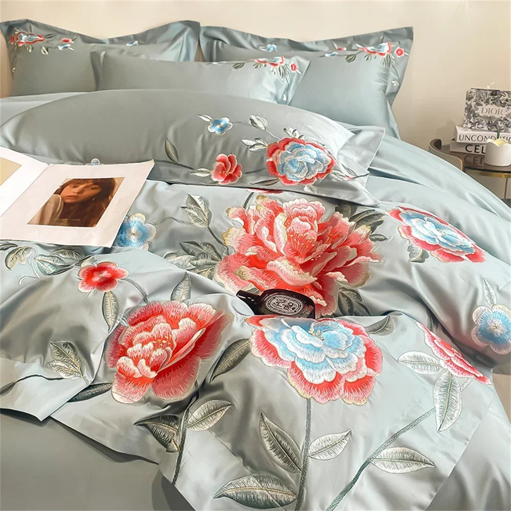 Afralia™ Pink Flowers Bedding Set in Traditional Chinese Style