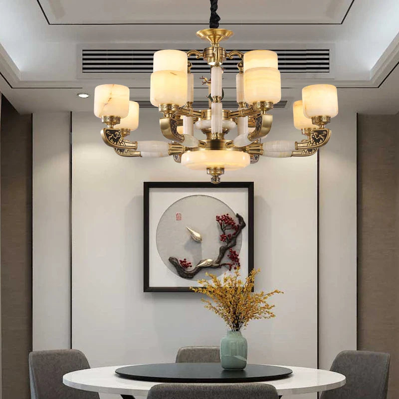 Afralia™ Luxury Chinese Style Copper Jade Living Room Chandelier